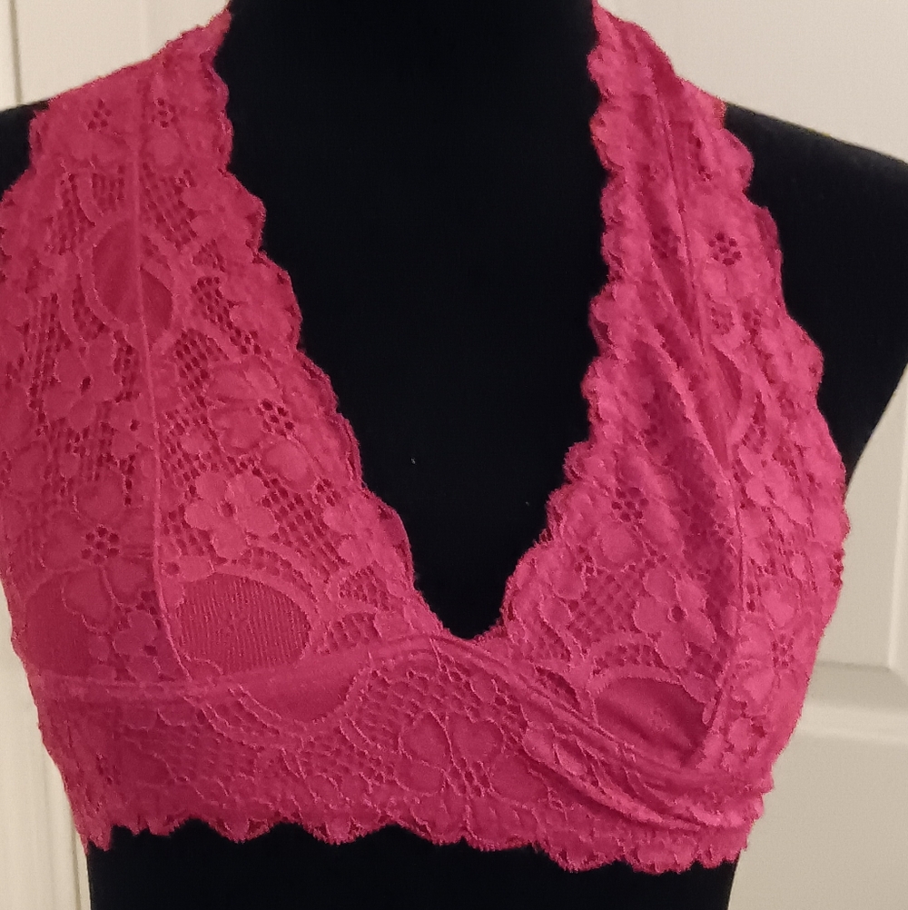 Free People Galloon Lace Halter Bralette Deep Pink Women's Size XS